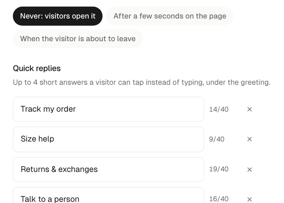 Chatbot behaviour settings: when it opens, four quick replies, and offer a call when the visitor is ready.
