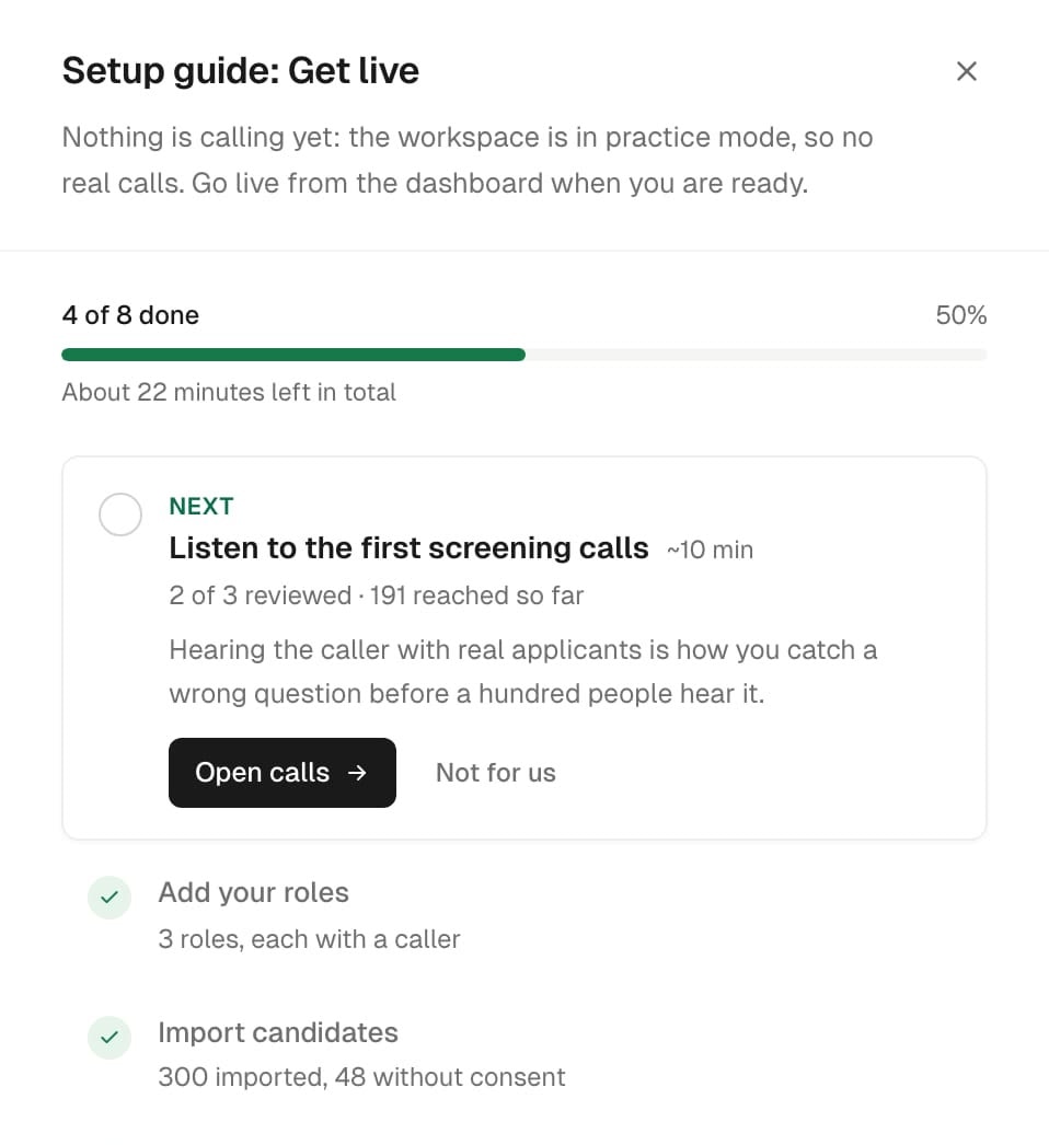 The Dial setup checklist: the steps left before going live. Sample data.