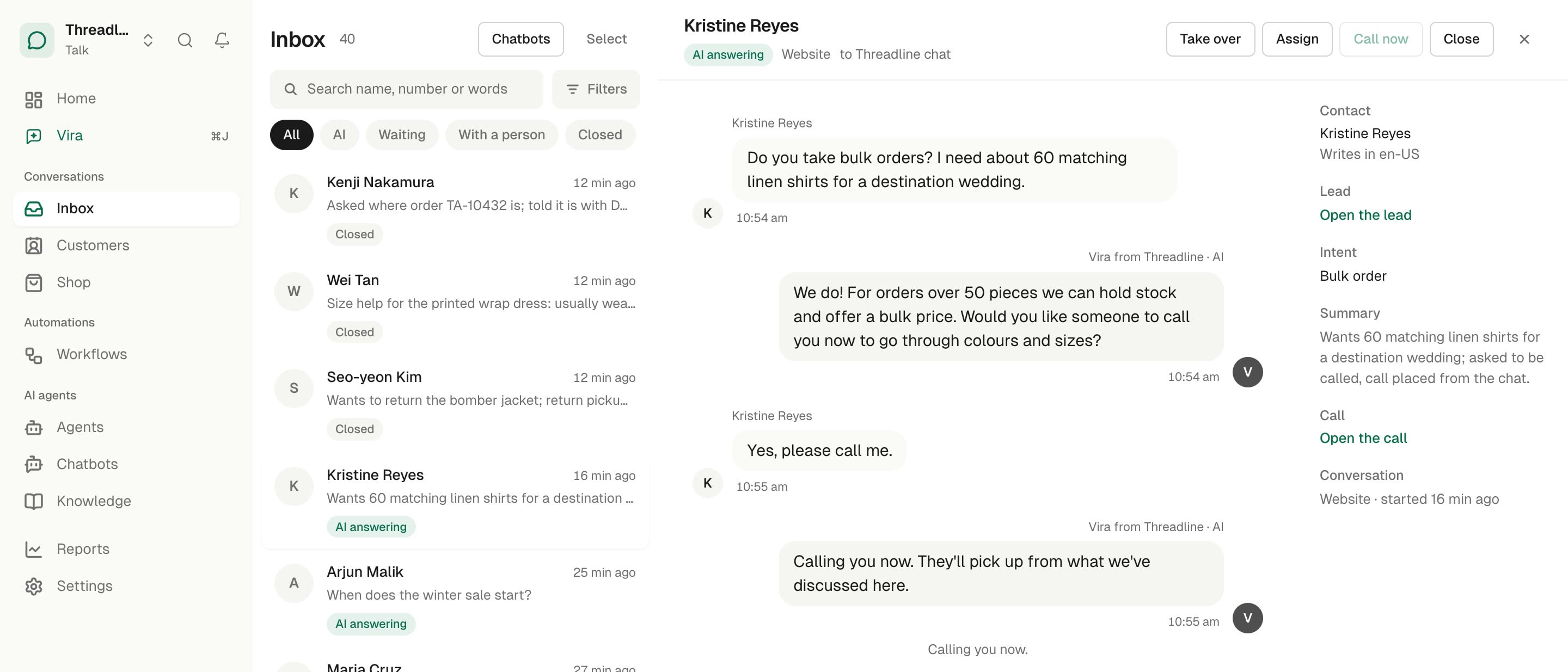 The Talk app: the inbox of website chats, the conversation where Vira answers a bulk order question and calls the visitor from the chat, and the contact with the lead and the call linked. Sample data.
