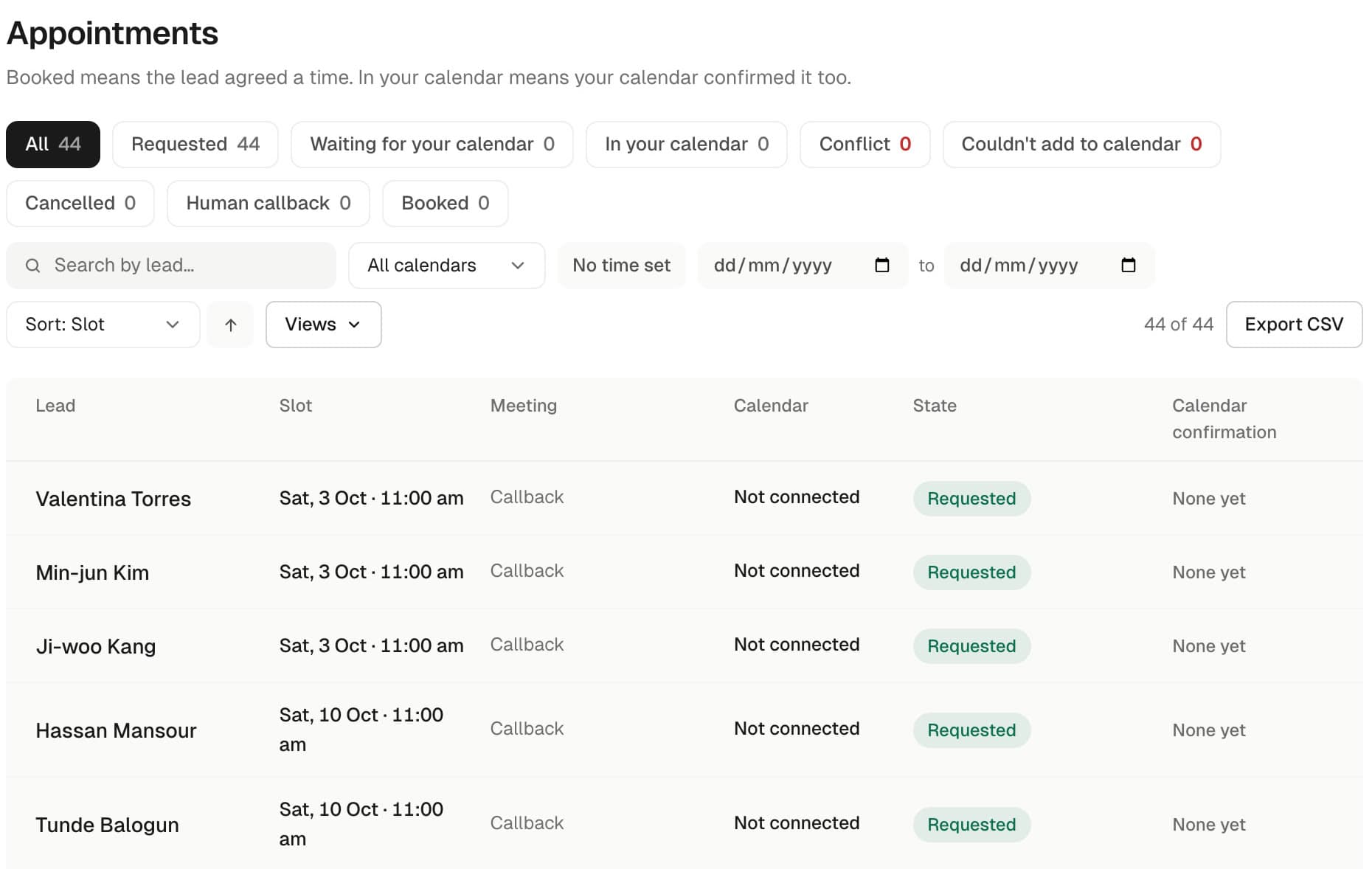 Loop's appointments: each lead's slot and meeting type. Sample data.