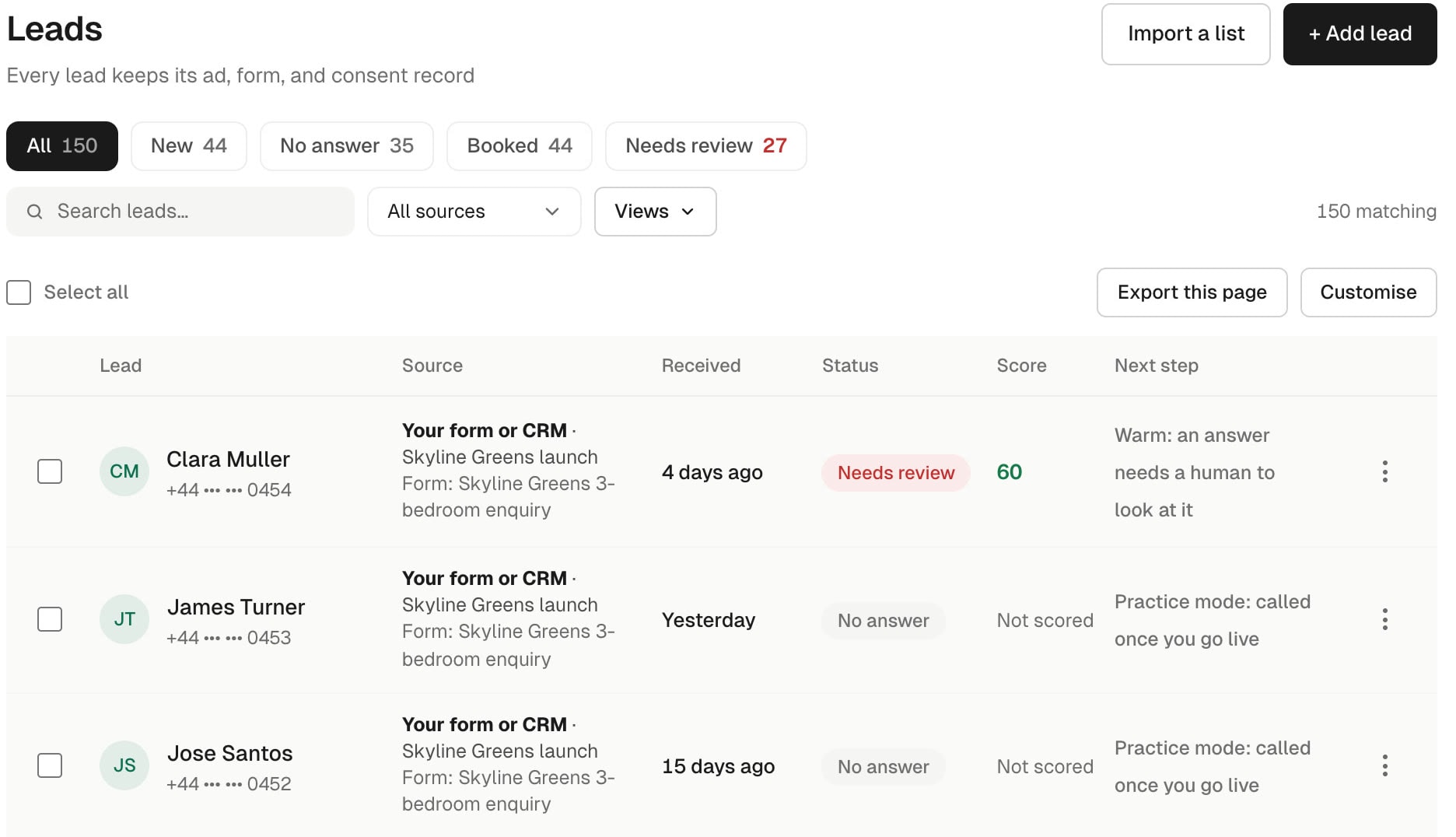 Leads from the project's website form, each with its campaign, form, status and score. Sample data.