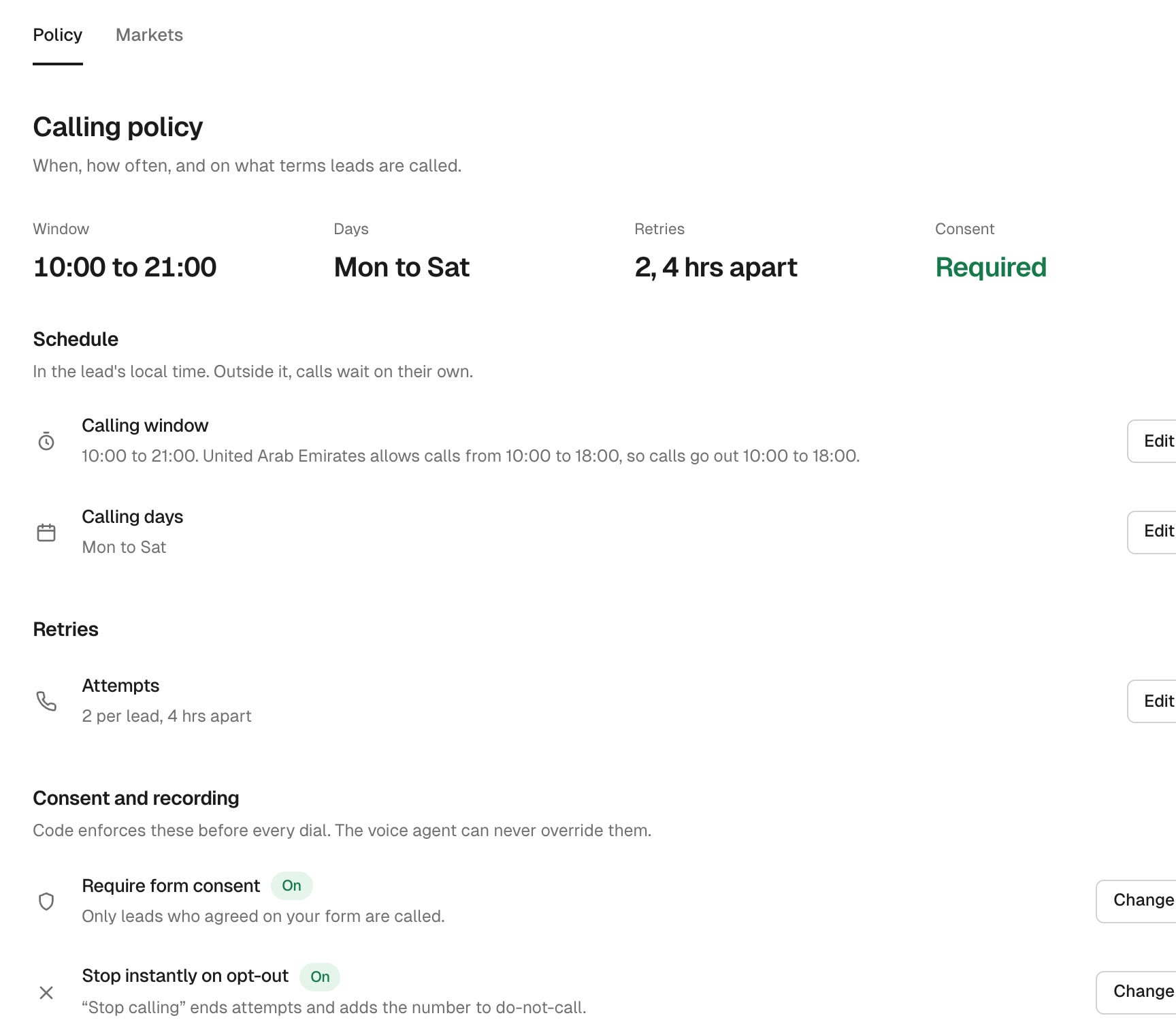 Loop calling rules: calls 10:00 to 21:00, Monday to Saturday, two tries four hours apart, form consent required and an instant stop on opt-out. Sample data.