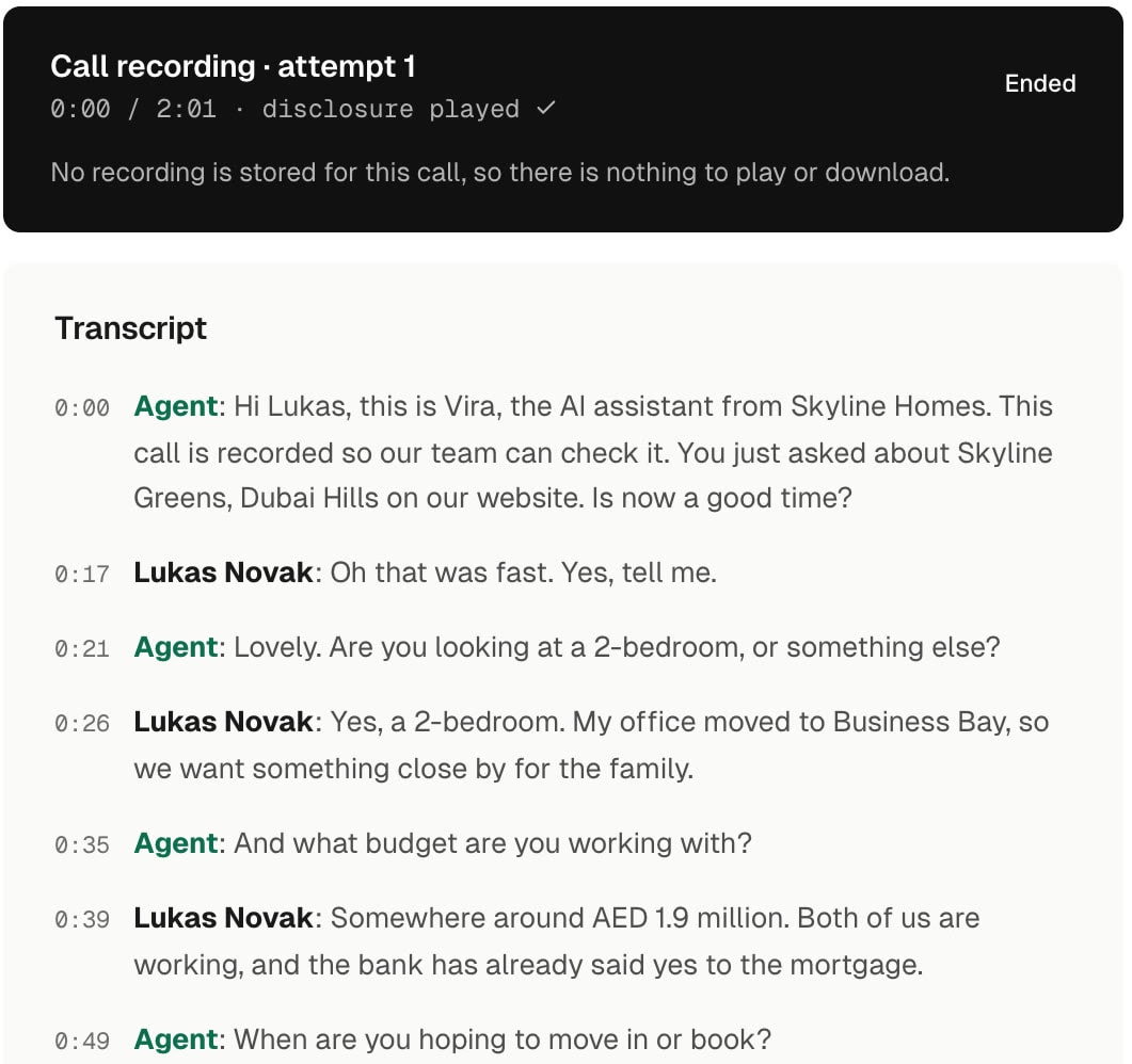 A Loop call transcript: Vira says it is the AI assistant from Skyline Homes and asks about the home, the budget and the timing. Sample data.