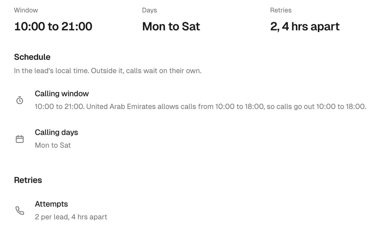 Loop calling policy: calling window 10:00 to 21:00, Monday to Saturday, two retries four hours apart, consent required. Sample data.