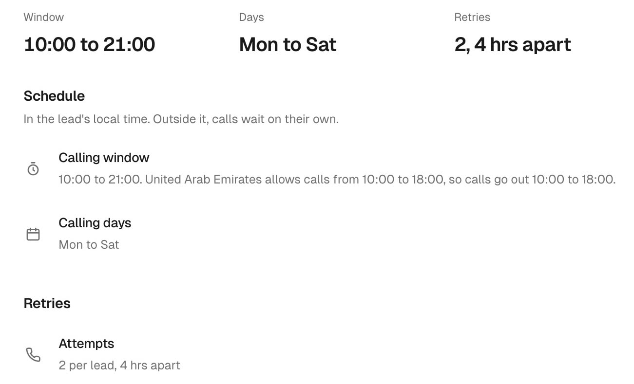 Loop calling policy: calling window 10:00 to 21:00, Monday to Saturday, two retries four hours apart, consent required. Sample data.