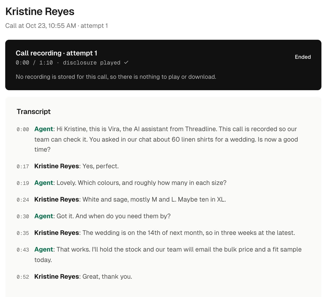 The call Vira placed from the chat: the disclosure played and the transcript, opening with what Kristine asked about in the chat. Sample data.