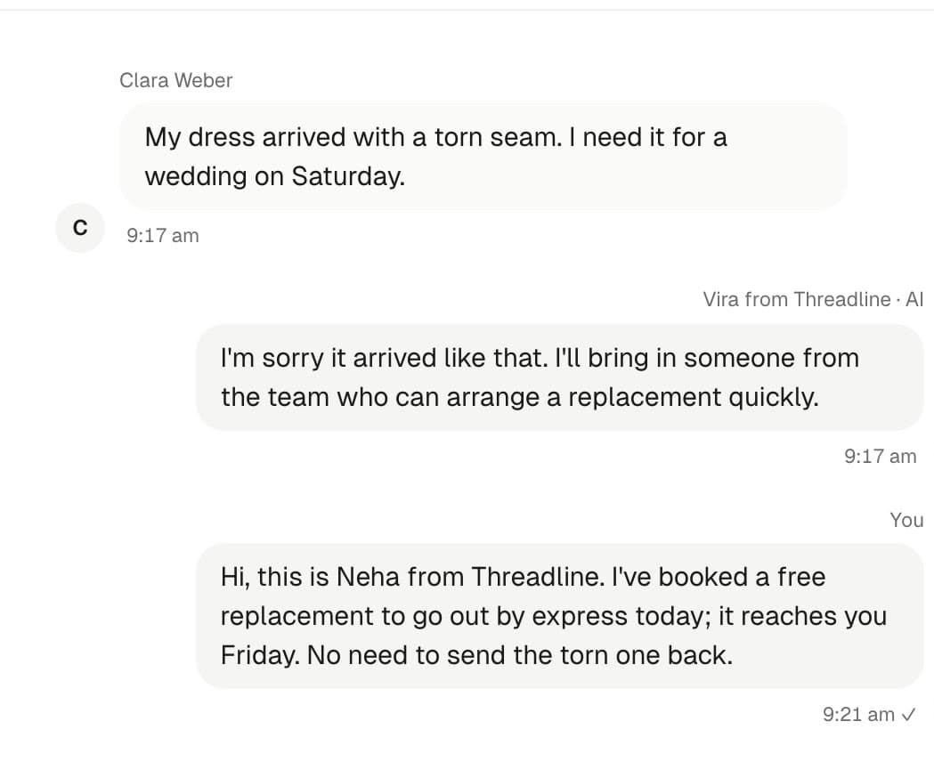 A chat handed to the team: Vira says it will bring in someone who can arrange a replacement, and a teammate books one in the same thread. Sample data.