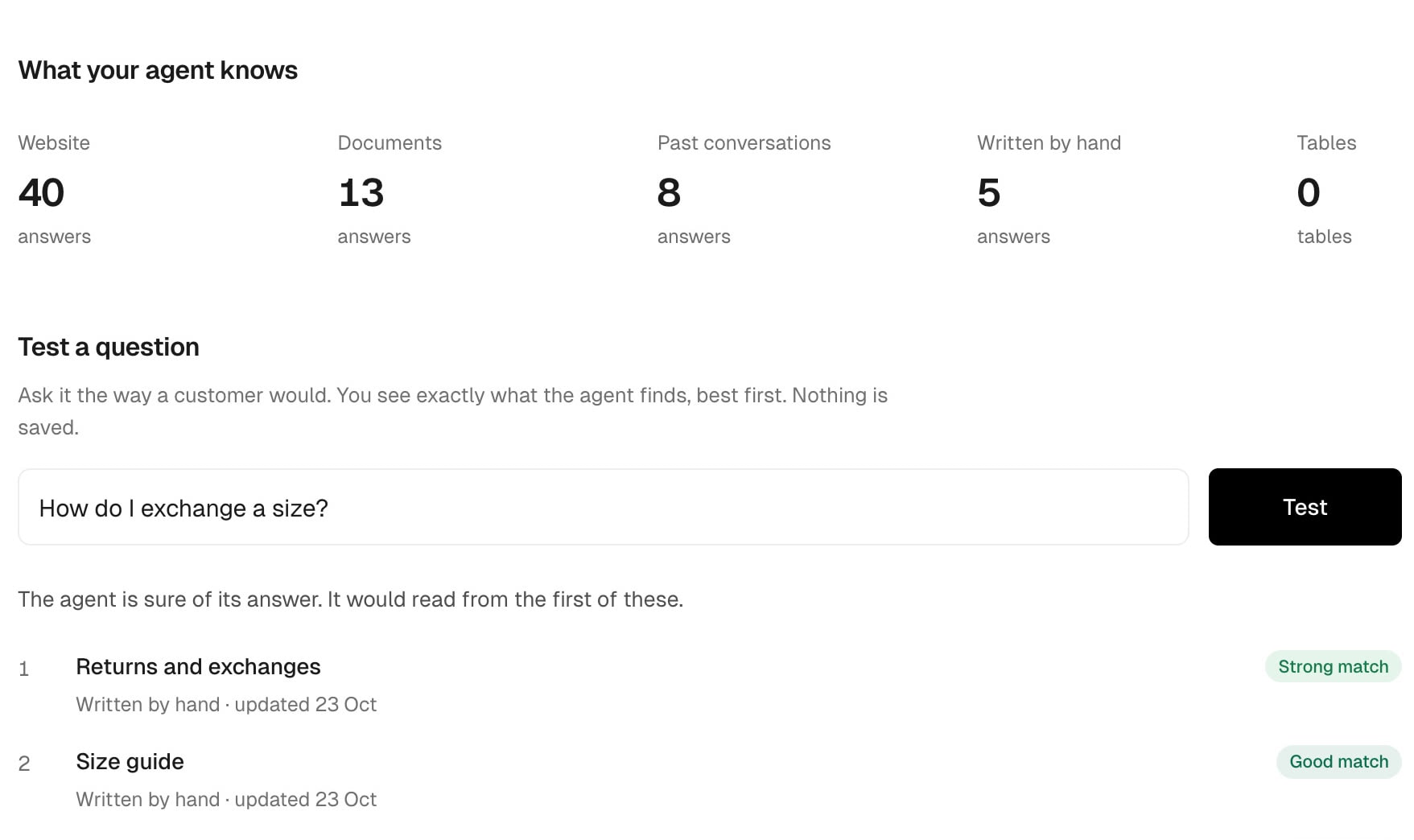 Knowledge: 40 answers from the website, 13 from documents, 8 learned from past chats, and a test question matched to the returns and exchanges answer. Sample data.
