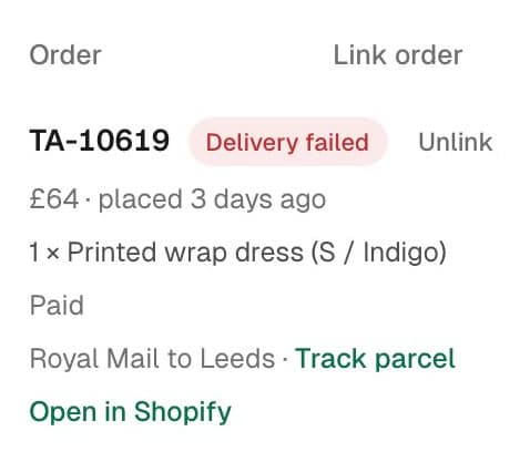 The order linked to the chat: TA-10619, delivery failed, £64, one printed wrap dress, paid, Royal Mail to Leeds, with Track parcel and Open in Shopify links. Sample data.