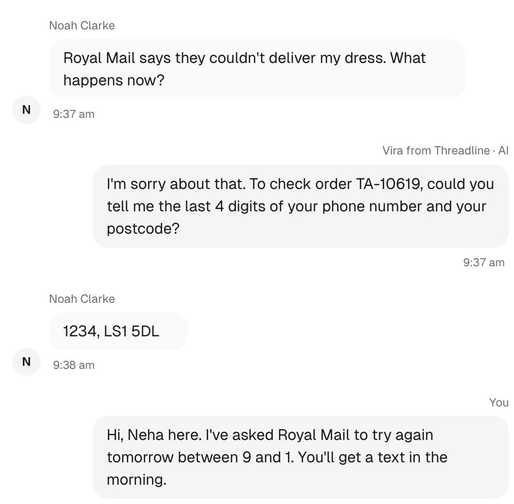 A Talk conversation: a visitor says Royal Mail could not deliver her dress, Vira asks for the last digits of her phone and postcode to check order TA-10619, and a teammate replies that a redelivery is booked. Sample data.