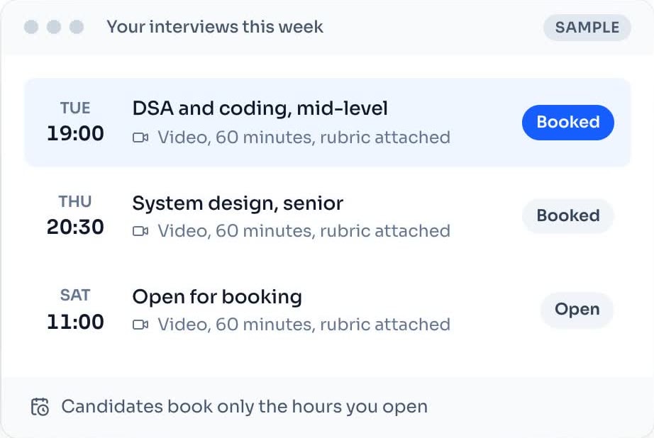 The interviewer's week on Revvox Experts: a booked DSA and coding round, a booked system design round and an hour open for booking. Sample.