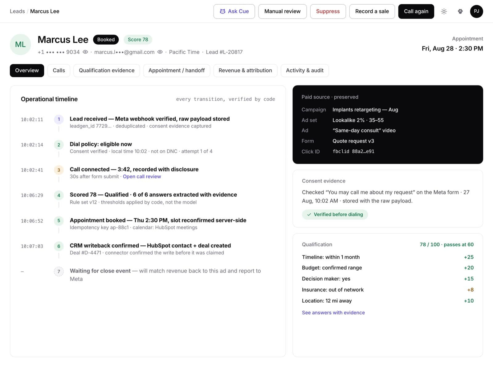 A lead record with its timeline, paid source, consent evidence and a 78 out of 100 score with points per answer.